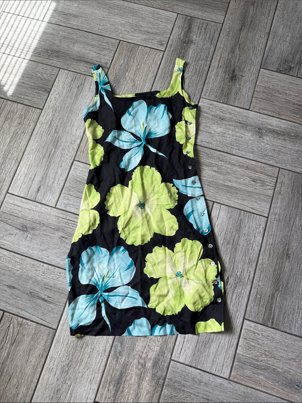 Tommy Bahama Black Dress with Lime Green and Light Blue Floral Print 100% silk